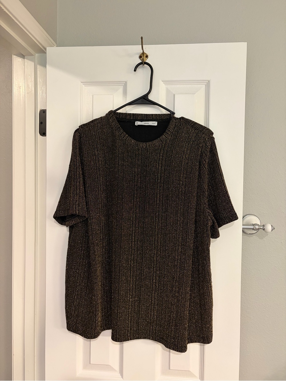 Mango Lurex Ribbed Knit Metallic Shimmer T-Shirt Black Gold Medium